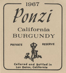 Ponzi Vineyards 1967 California Burgundy Wine Label