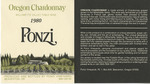Ponzi Vineyards 1980 Willamette Valley Chardonnay Wine Label