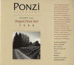 Ponzi Vineyards 1988 Willamette Valley Pinot Noir Wine Label